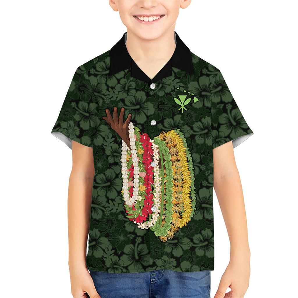 Hawaii Lei Kamehameha Family Matching Short Sleeve Bodycon Dress and Hawaiian Shirt Oma'oma'o Seamless Pattern Hibiscus Flower