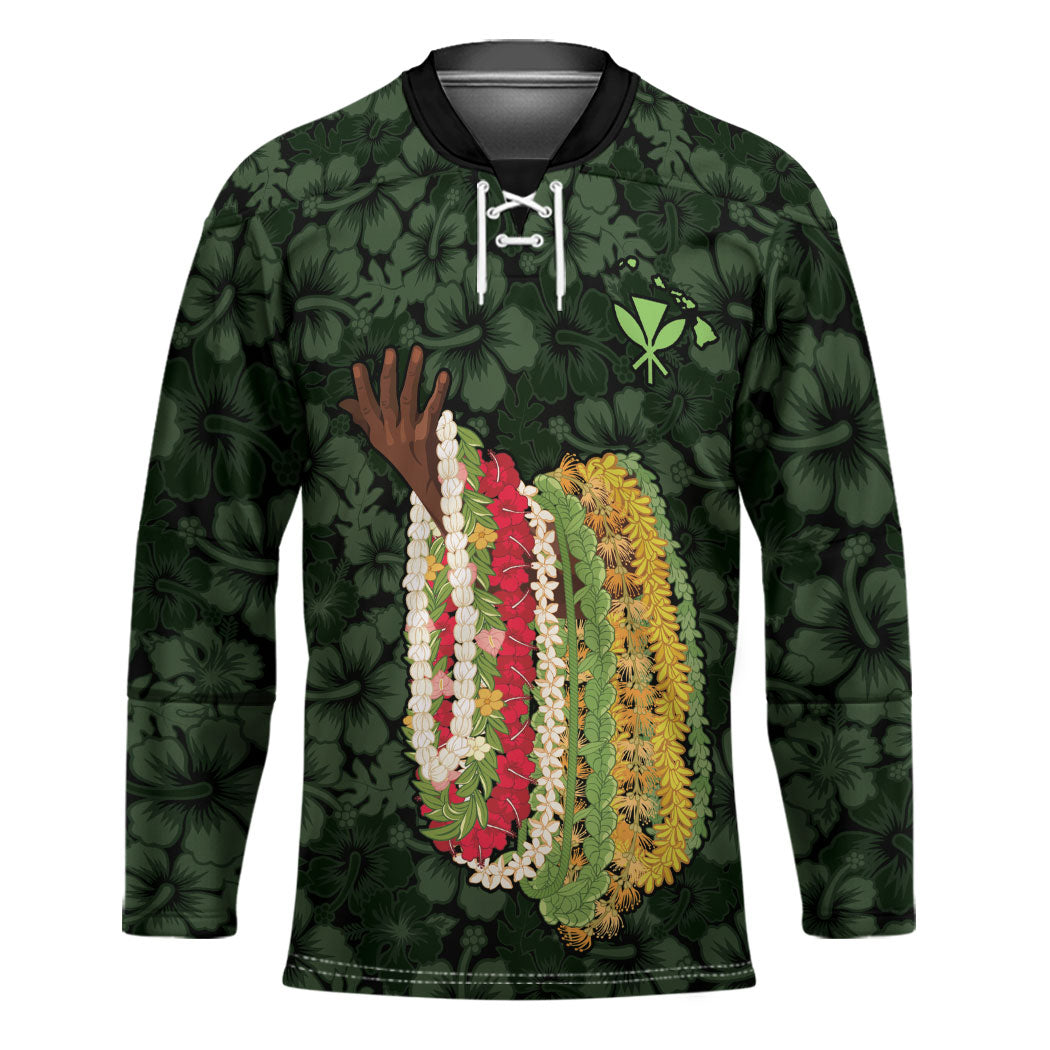 Hawaii Lei Kamehameha Hockey Jersey Oma'oma'o Seamless Pattern Hibiscus Flower LT9 Unisex Green - Polynesian Pride
