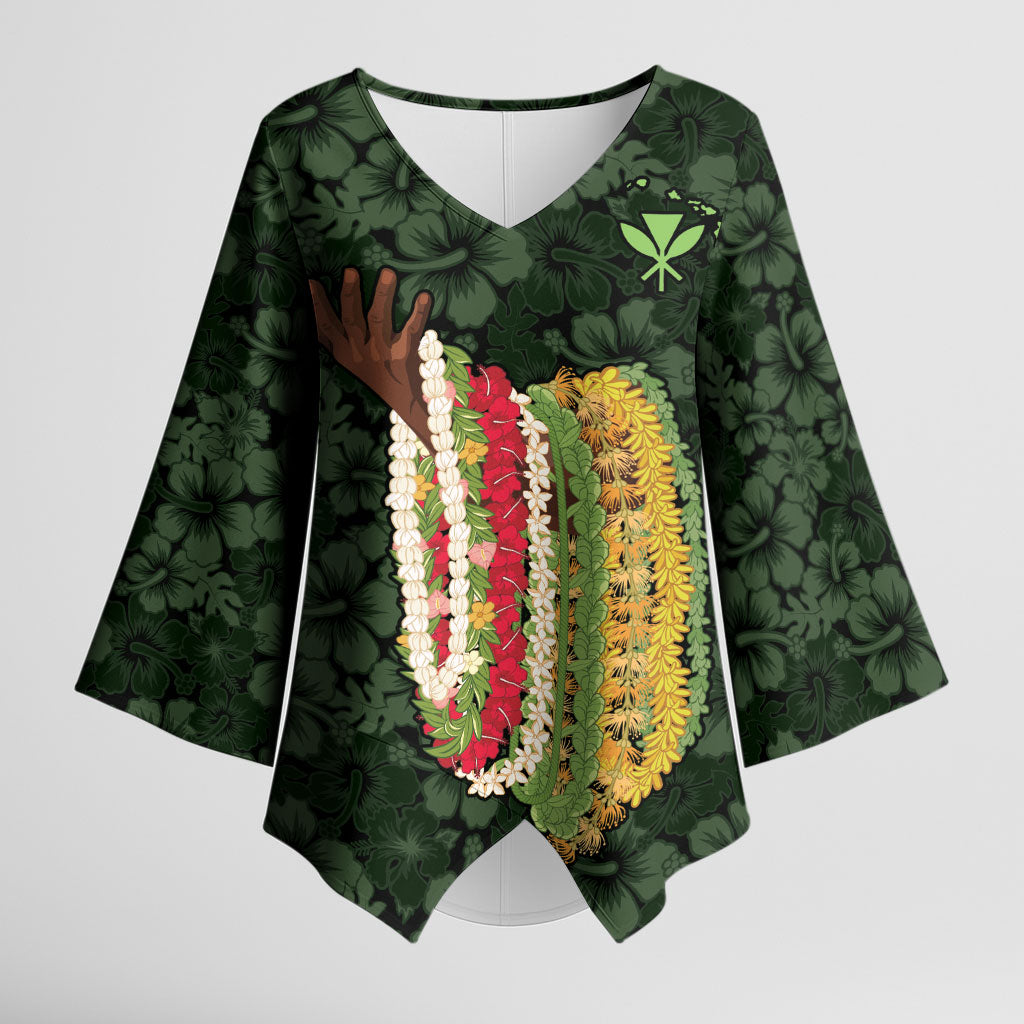 Hawaii Lei Kamehameha Kimono Sleeve Blouse Oma'oma'o Seamless Pattern Hibiscus Flower LT9 Female Green - Polynesian Pride