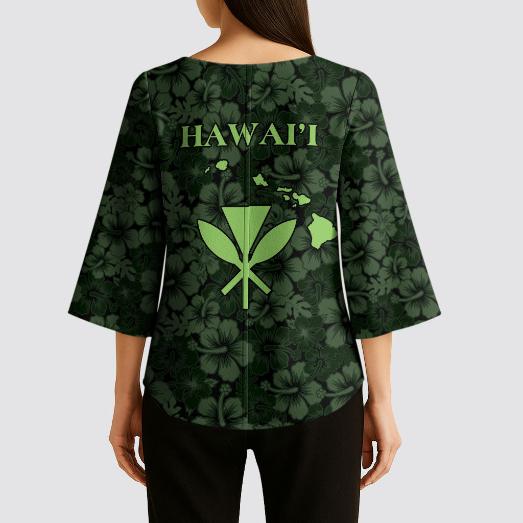 Hawaii Lei Kamehameha Kimono Sleeve Blouse Oma'oma'o Seamless Pattern Hibiscus Flower