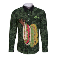 Hawaii Lei Kamehameha Long Sleeve Button Shirt Oma'oma'o Seamless Pattern Hibiscus Flower LT9 Unisex Green - Polynesian Pride