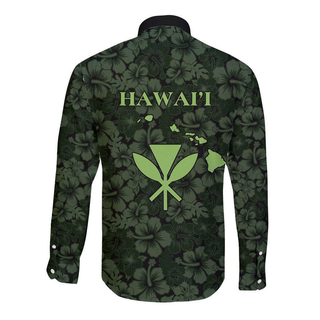Hawaii Lei Kamehameha Long Sleeve Button Shirt Oma'oma'o Seamless Pattern Hibiscus Flower LT9 - Polynesian Pride