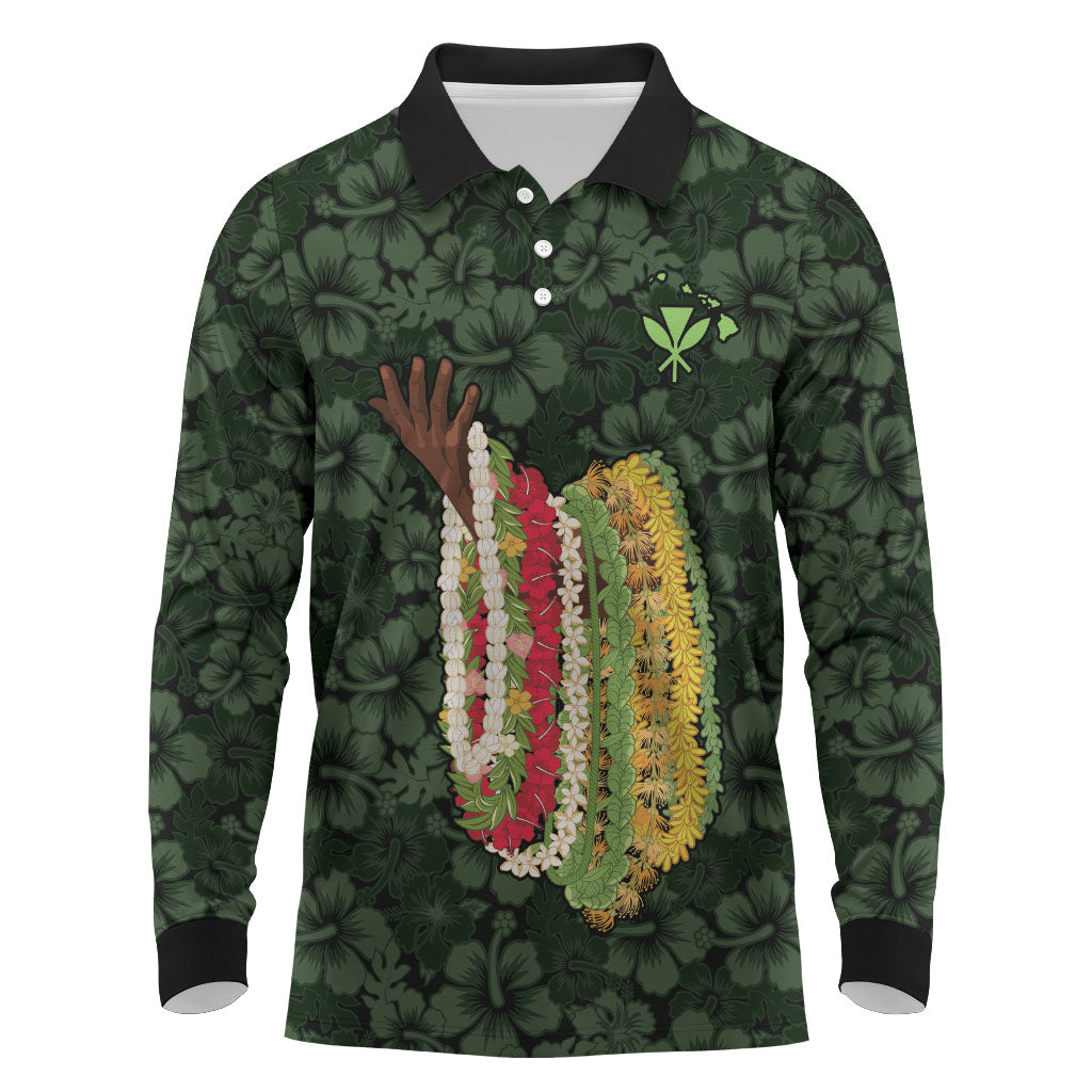 Hawaii Lei Kamehameha Long Sleeve Polo Shirt Oma'oma'o Seamless Pattern Hibiscus Flower LT9 Green - Polynesian Pride