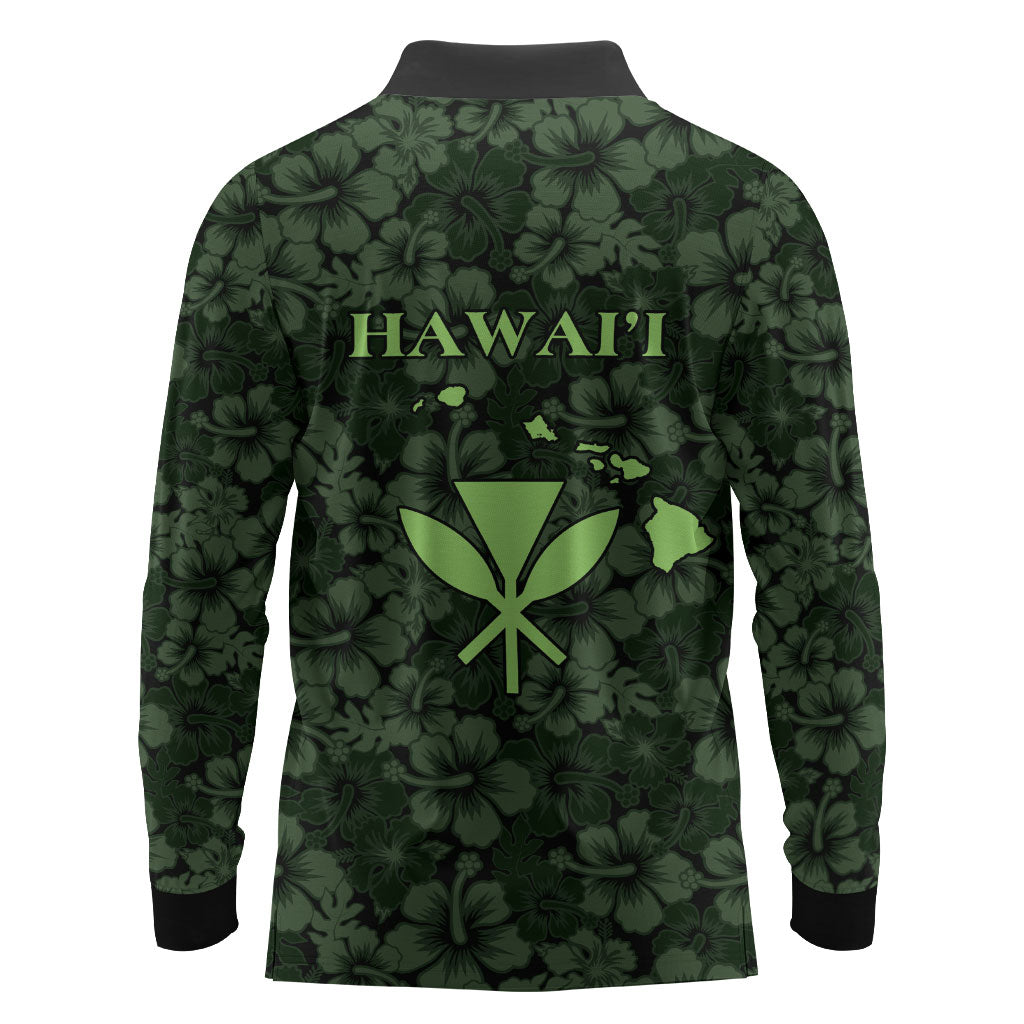 Hawaii Lei Kamehameha Long Sleeve Polo Shirt Oma'oma'o Seamless Pattern Hibiscus Flower LT9 - Polynesian Pride