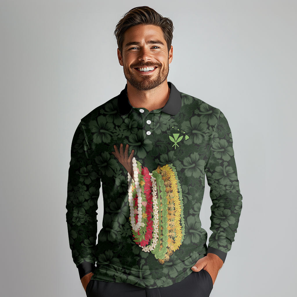 Hawaii Lei Kamehameha Long Sleeve Polo Shirt Oma'oma'o Seamless Pattern Hibiscus Flower LT9 - Polynesian Pride