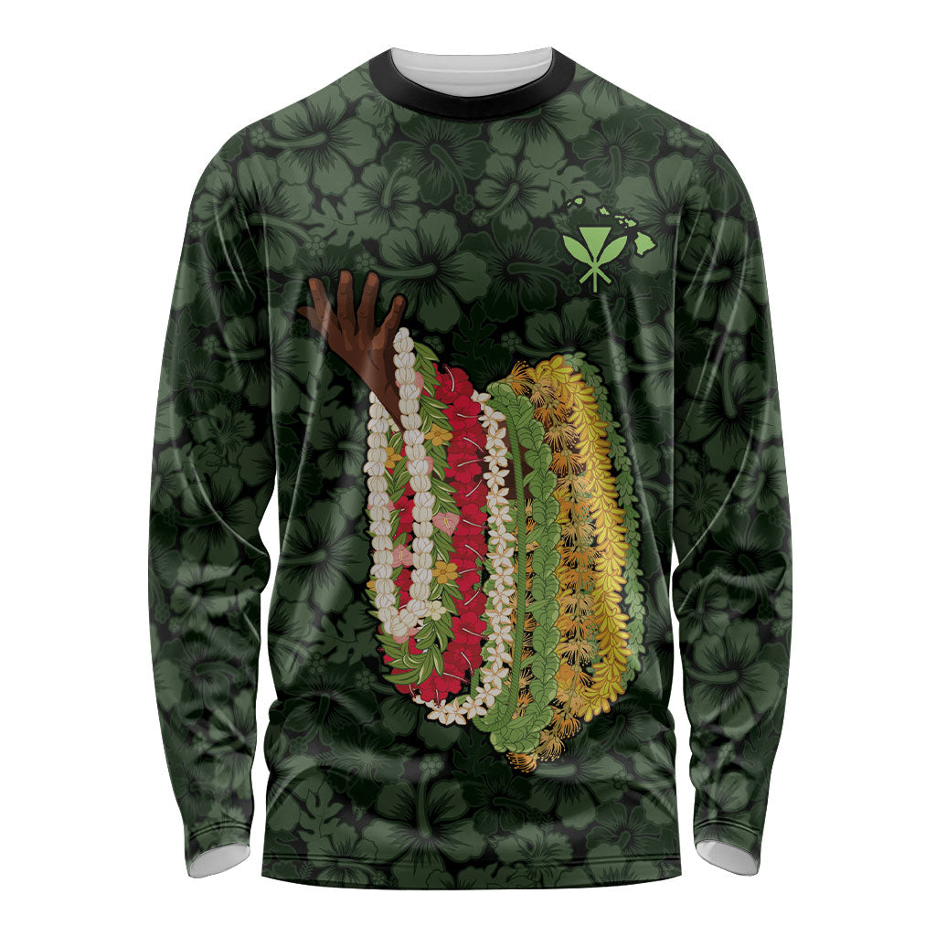 Hawaii Lei Kamehameha Long Sleeve Shirt Oma'oma'o Seamless Pattern Hibiscus Flower LT9 Unisex Green - Polynesian Pride