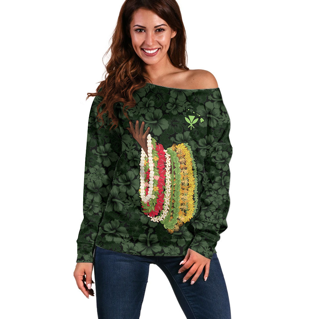 Hawaii Lei Kamehameha Off Shoulder Sweater Oma'oma'o Seamless Pattern Hibiscus Flower