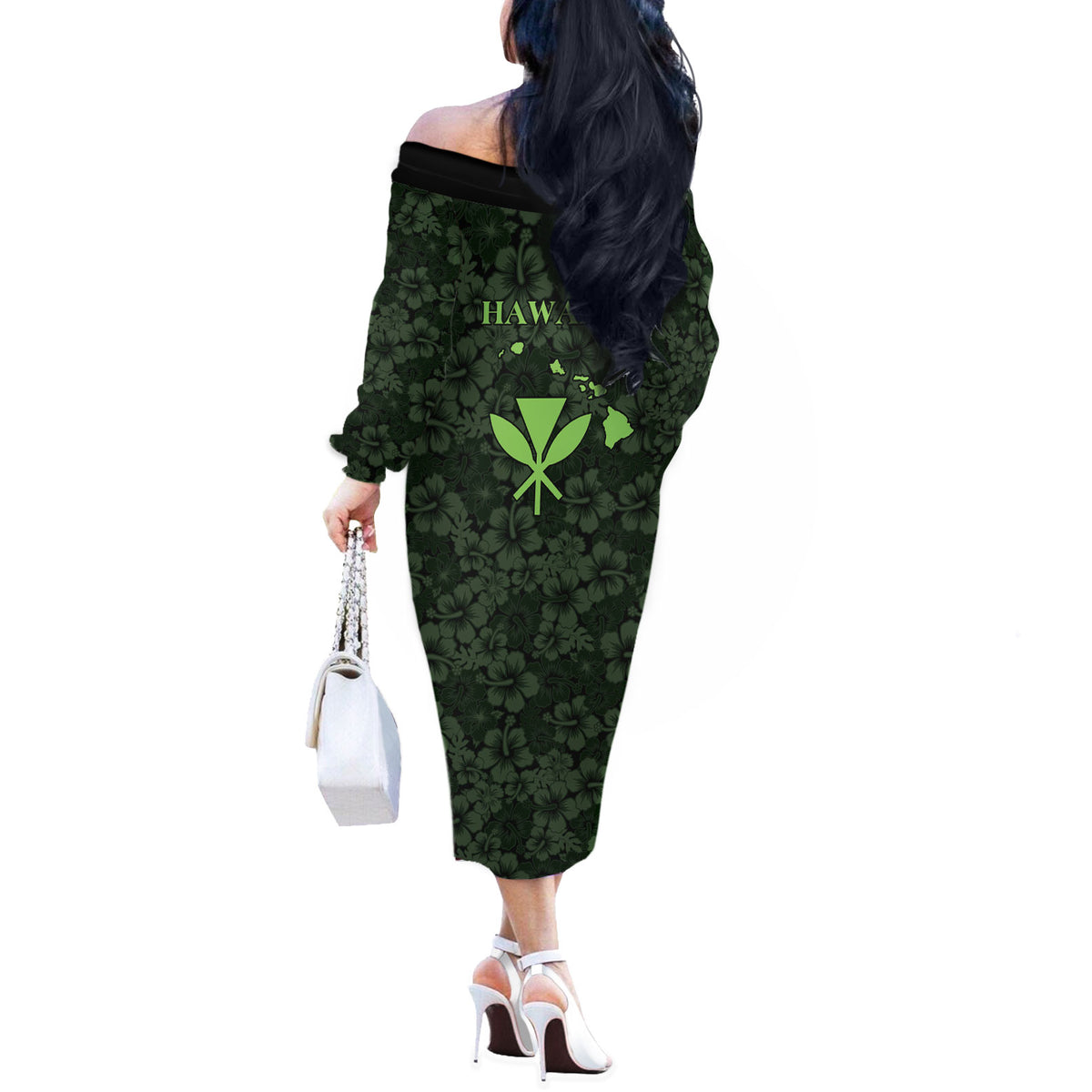 Hawaii Lei Kamehameha Off The Shoulder Long Sleeve Dress Oma'oma'o Seamless Pattern Hibiscus Flower LT9 - Polynesian Pride