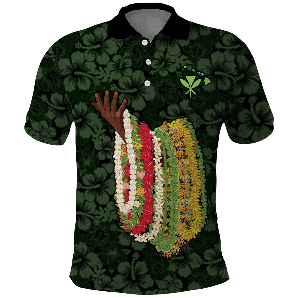 Hawaii Lei Kamehameha Polo Shirt Oma'oma'o Seamless Pattern Hibiscus Flower LT9 Green - Polynesian Pride