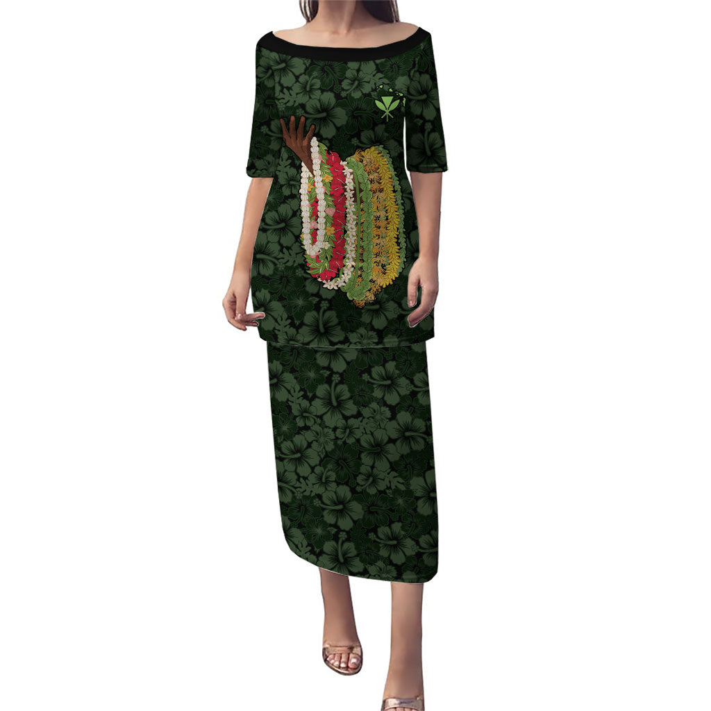 Hawaii Lei Kamehameha Puletasi Oma'oma'o Seamless Pattern Hibiscus Flower LT9 Long Dress Green - Polynesian Pride