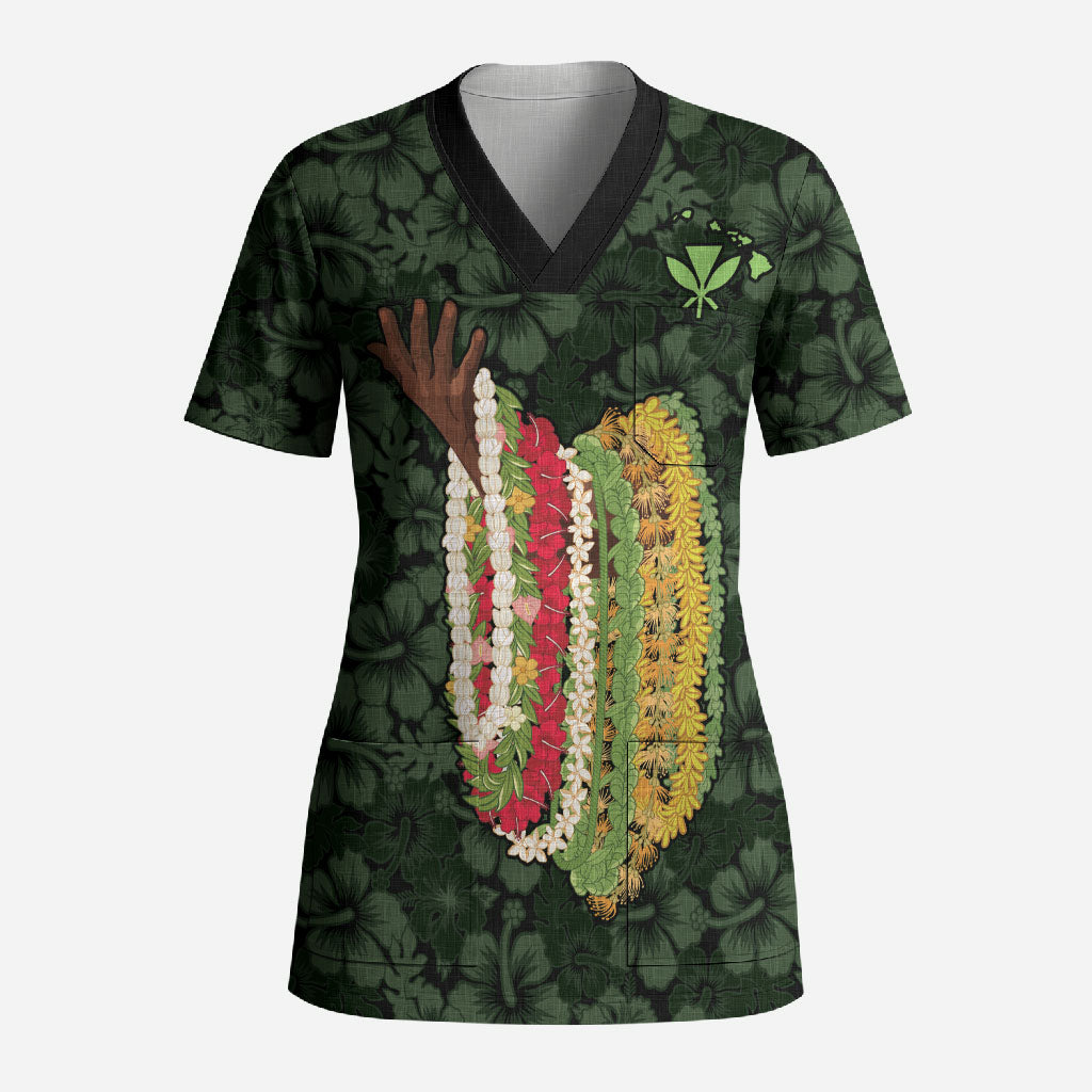 Hawaii Lei Kamehameha Scrub Top Oma'oma'o Seamless Pattern Hibiscus Flower LT9 Adult Green - Polynesian Pride