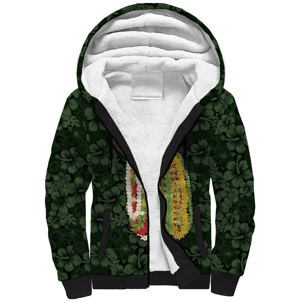 Hawaii Lei Kamehameha Sherpa Hoodie Oma'oma'o Seamless Pattern Hibiscus Flower LT9 Unisex Green - Polynesian Pride