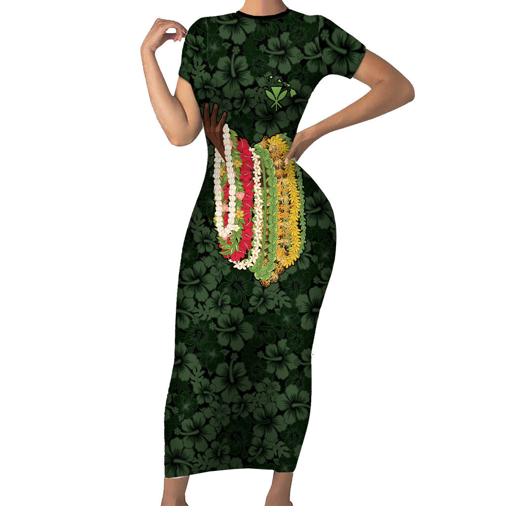 Hawaii Lei Kamehameha Short Sleeve Bodycon Dress Oma'oma'o Seamless Pattern Hibiscus Flower LT9 Long Dress Green - Polynesian Pride