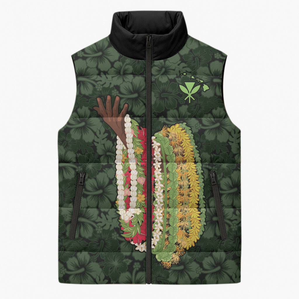 Hawaii Lei Kamehameha Sleeveless Puffer Jacket Oma'oma'o Seamless Pattern Hibiscus Flower LT9 Unisex Green - Polynesian Pride