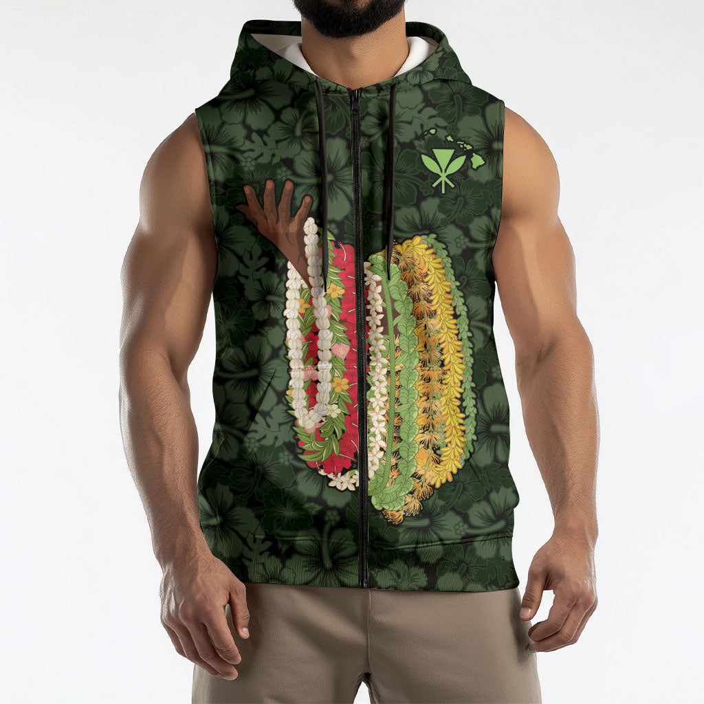 Hawaii Lei Kamehameha Sleeveless Zip Hoodie Oma'oma'o Seamless Pattern Hibiscus Flower LT9 - Polynesian Pride