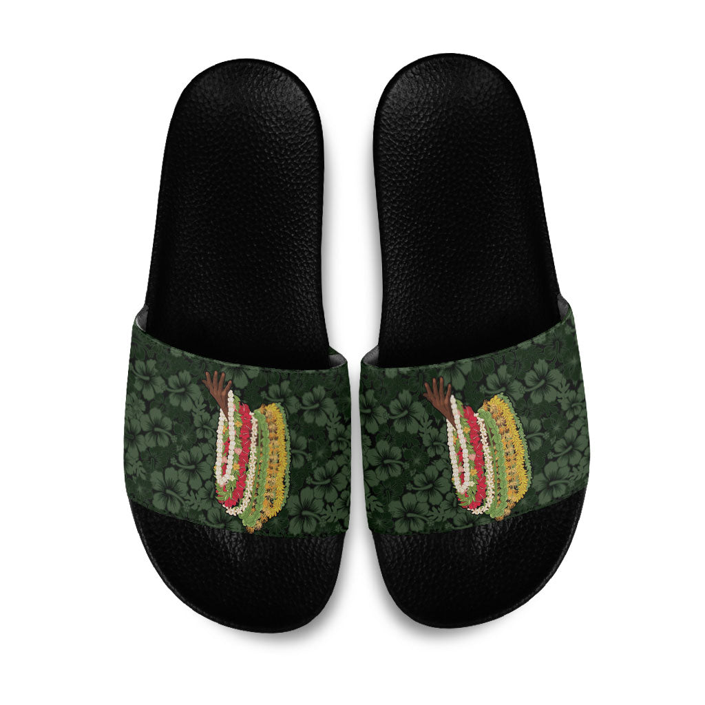 Hawaii Lei Kamehameha Slide Sandals Oma'oma'o Seamless Pattern Hibiscus Flower LT9 Green - Polynesian Pride