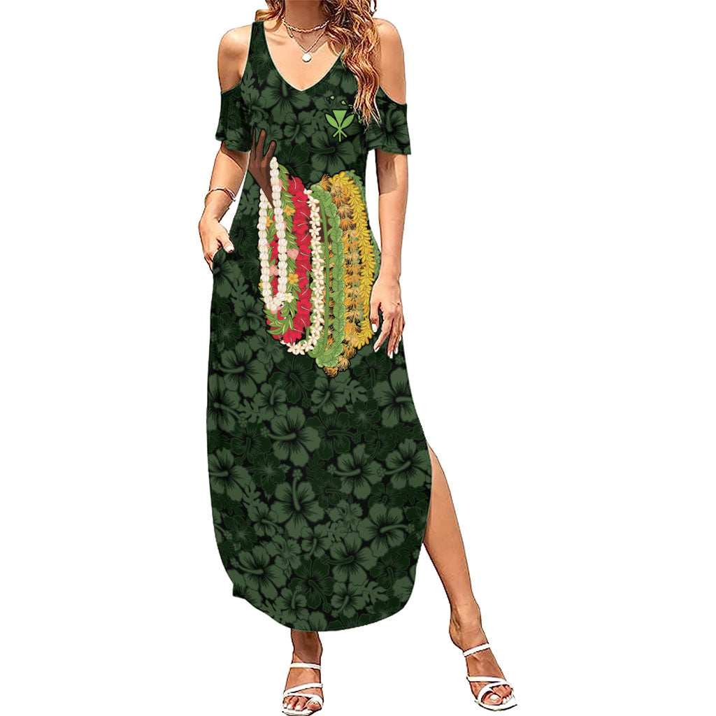 Hawaii Lei Kamehameha Summer Maxi Dress Oma'oma'o Seamless Pattern Hibiscus Flower LT9 Women Green - Polynesian Pride