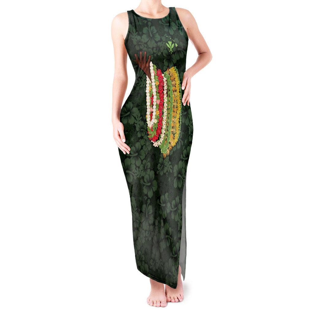 Hawaii Lei Kamehameha Tank Maxi Dress Oma'oma'o Seamless Pattern Hibiscus Flower LT9 Women Green - Polynesian Pride