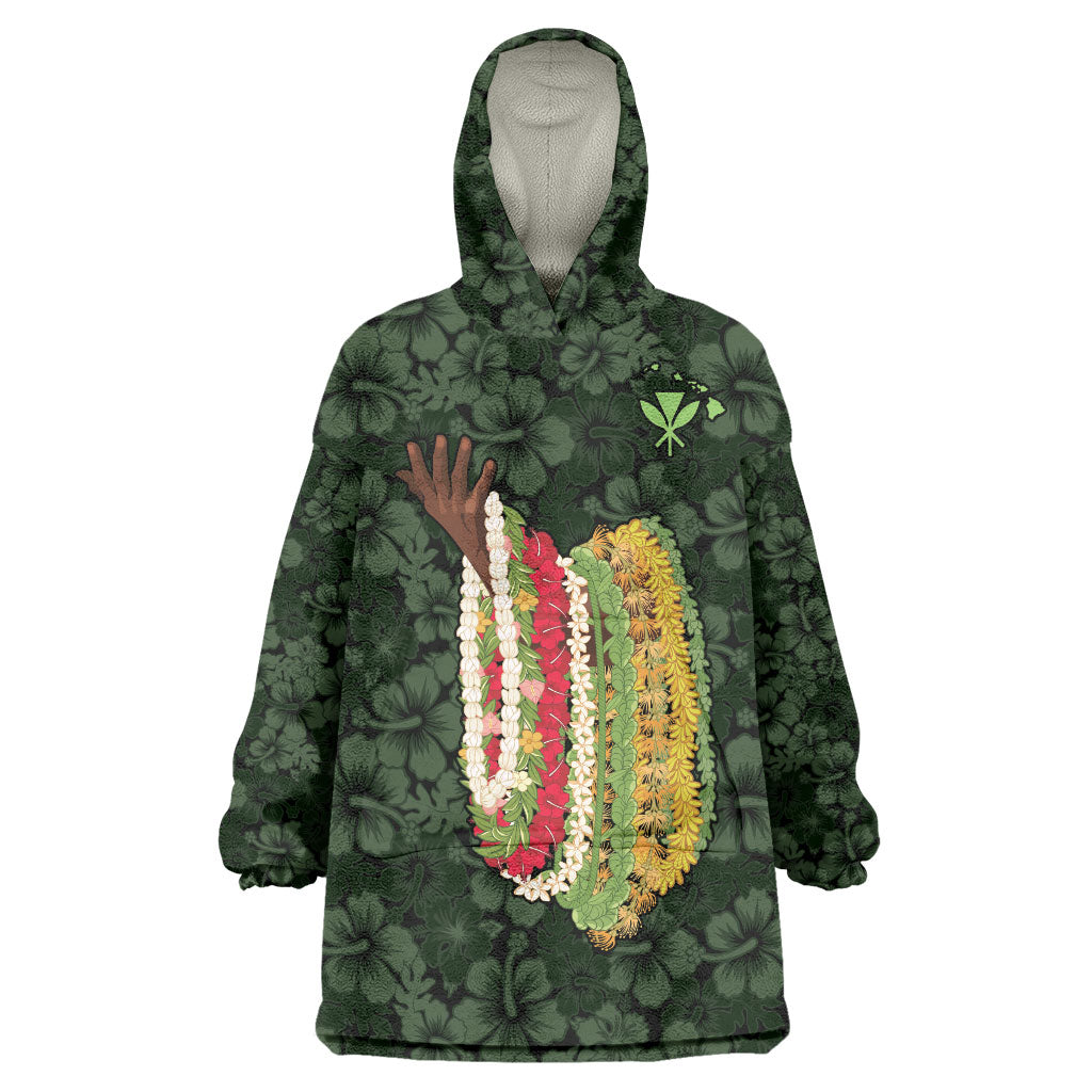 Hawaii Lei Kamehameha Wearable Blanket Hoodie Oma'oma'o Seamless Pattern Hibiscus Flower LT9 One Size Green - Polynesian Pride