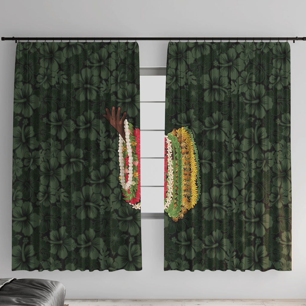 Hawaii Lei Kamehameha Window Curtain Oma'oma'o Seamless Pattern Hibiscus Flower LT9 With Hooks Green - Polynesian Pride