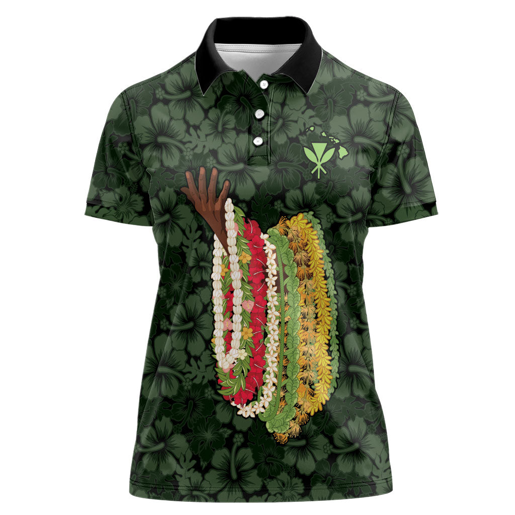 Hawaii Lei Kamehameha Women Polo Shirt Oma'oma'o Seamless Pattern Hibiscus Flower LT9 Female Green - Polynesian Pride