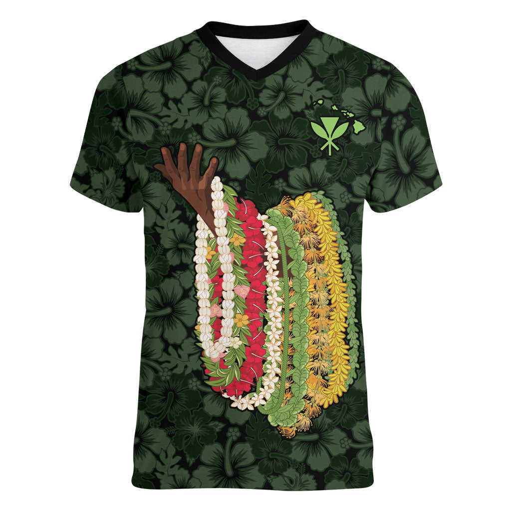 Hawaii Lei Kamehameha Women V-Neck T-Shirt Oma'oma'o Seamless Pattern Hibiscus Flower LT9 Female Green - Polynesian Pride