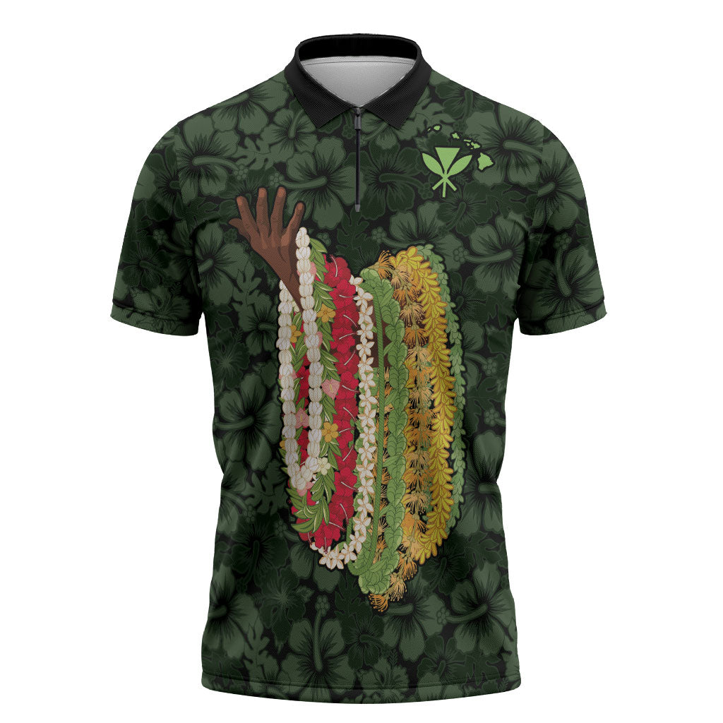 Hawaii Lei Kamehameha Zipper Polo Shirt Oma'oma'o Seamless Pattern Hibiscus Flower LT9 Green - Polynesian Pride