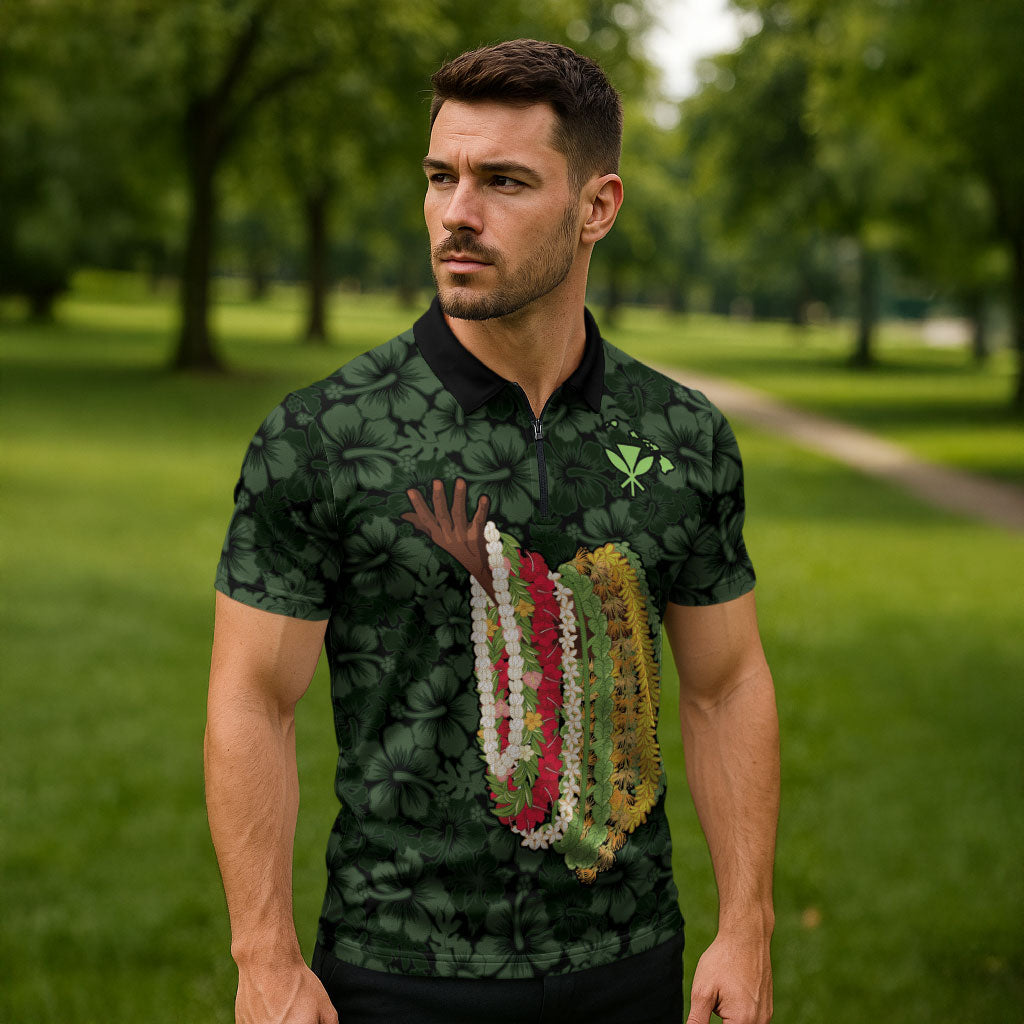 Hawaii Lei Kamehameha Zipper Polo Shirt Oma'oma'o Seamless Pattern Hibiscus Flower