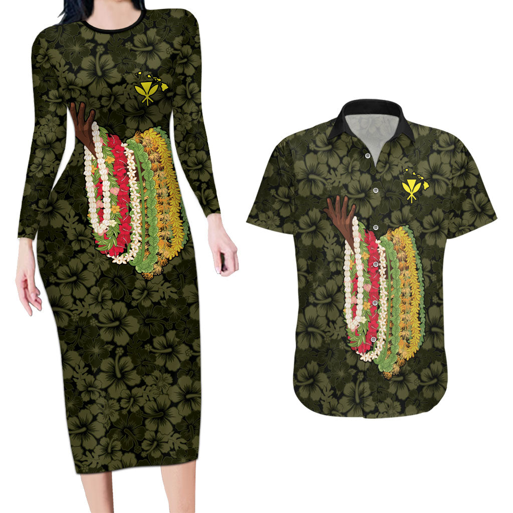 Hawaii Lei Kamehameha Couples Matching Long Sleeve Bodycon Dress and Hawaiian Shirt Melemele Seamless Pattern Hibiscus Flower