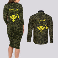 Hawaii Lei Kamehameha Couples Matching Long Sleeve Bodycon Dress and Long Sleeve Button Shirt Melemele Seamless Pattern Hibiscus Flower