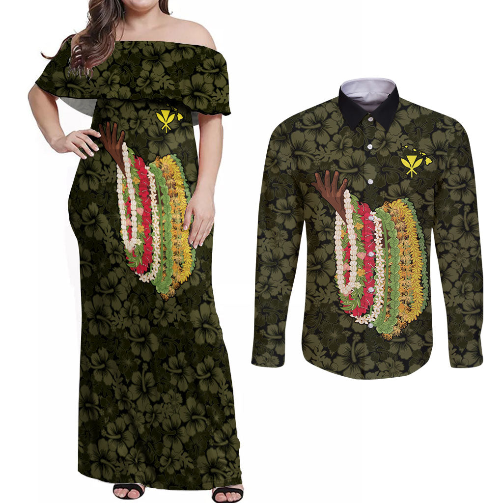 Hawaii Lei Kamehameha Couples Matching Off Shoulder Maxi Dress and Long Sleeve Button Shirt Melemele Seamless Pattern Hibiscus Flower