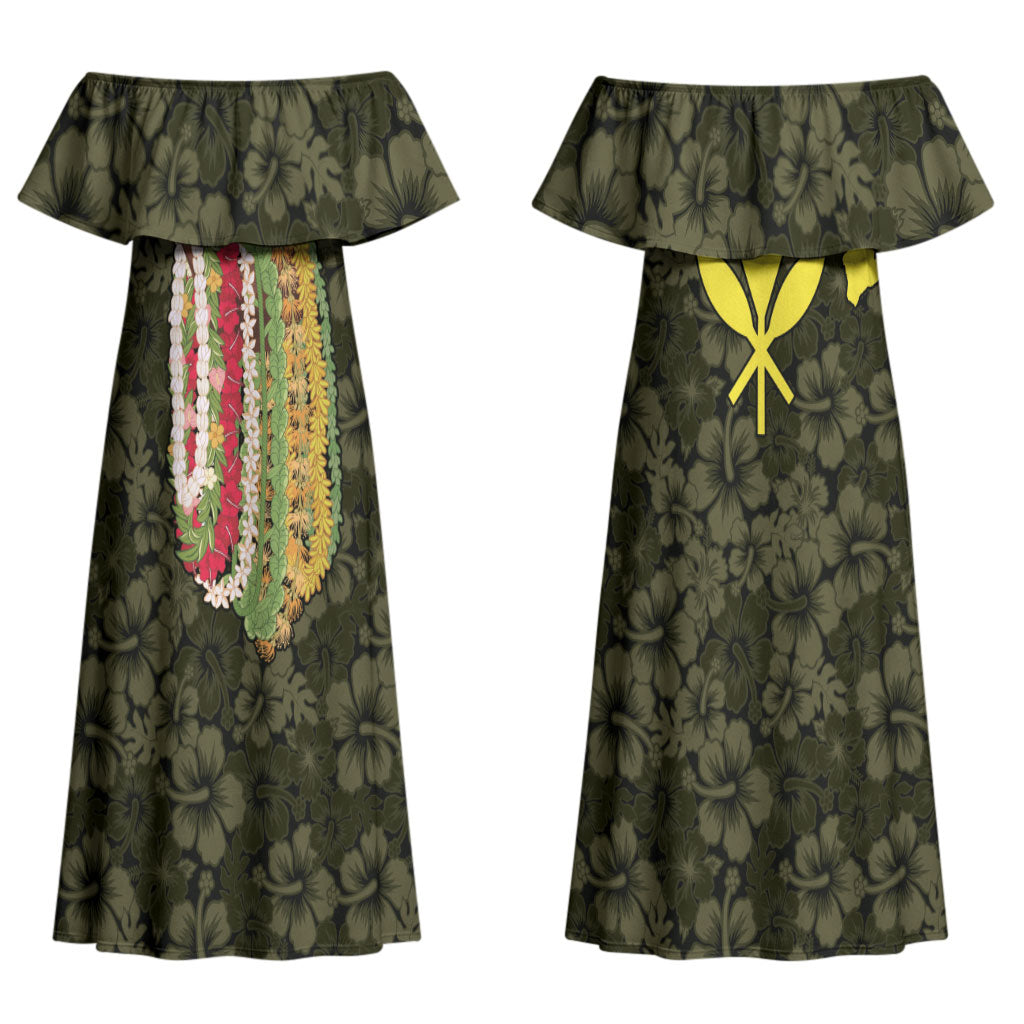 Hawaii Lei Kamehameha Couples Matching Off Shoulder Maxi Dress and Long Sleeve Button Shirt Melemele Seamless Pattern Hibiscus Flower LT9