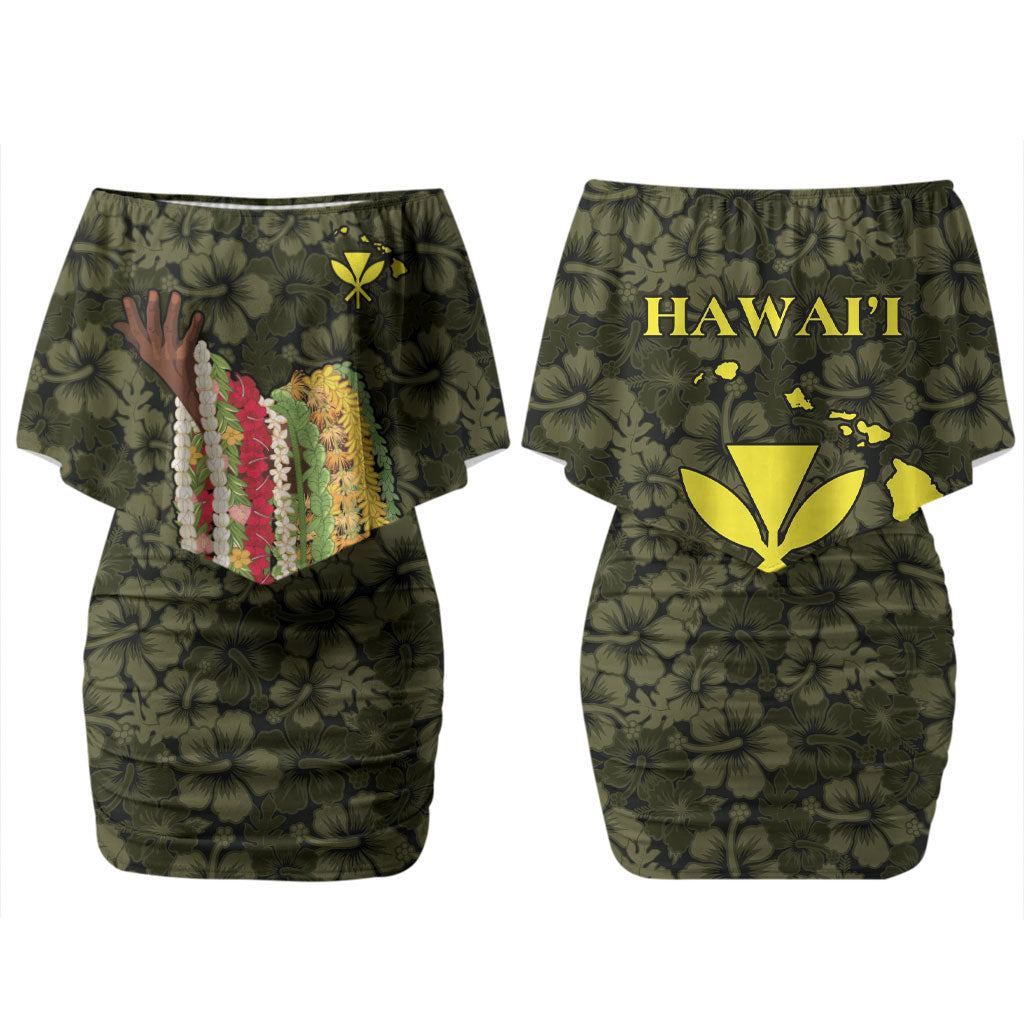 Hawaii Lei Kamehameha Couples Matching Off Shoulder Short Dress and Long Sleeve Button Shirt Melemele Seamless Pattern Hibiscus Flower LT9