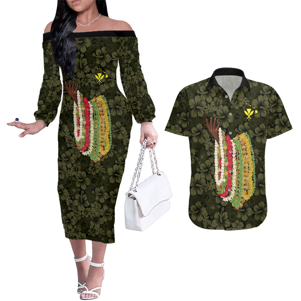 Hawaii Lei Kamehameha Couples Matching Off The Shoulder Long Sleeve Dress and Hawaiian Shirt Melemele Seamless Pattern Hibiscus Flower LT9 Yellow - Polynesian Pride