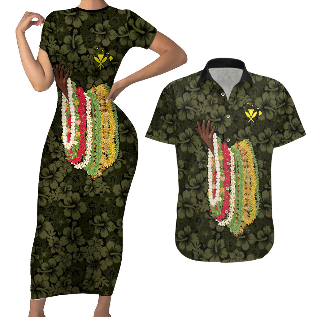 Hawaii Lei Kamehameha Couples Matching Short Sleeve Bodycon Dress and Hawaiian Shirt Melemele Seamless Pattern Hibiscus Flower