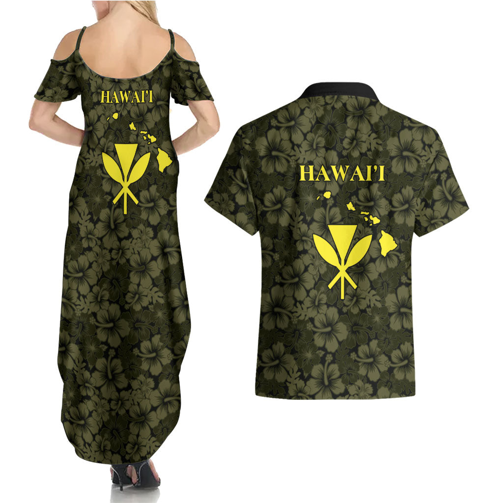 Hawaii Lei Kamehameha Couples Matching Summer Maxi Dress and Hawaiian Shirt Melemele Seamless Pattern Hibiscus Flower