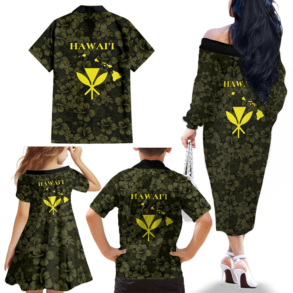 Hawaii Lei Kamehameha Family Matching Off The Shoulder Long Sleeve Dress and Hawaiian Shirt Melemele Seamless Pattern Hibiscus Flower