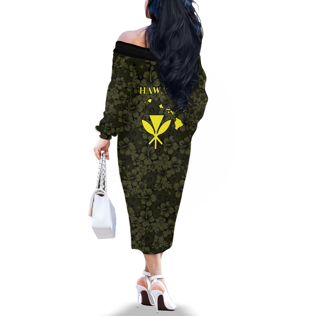 Hawaii Lei Kamehameha Family Matching Off The Shoulder Long Sleeve Dress and Hawaiian Shirt Melemele Seamless Pattern Hibiscus Flower