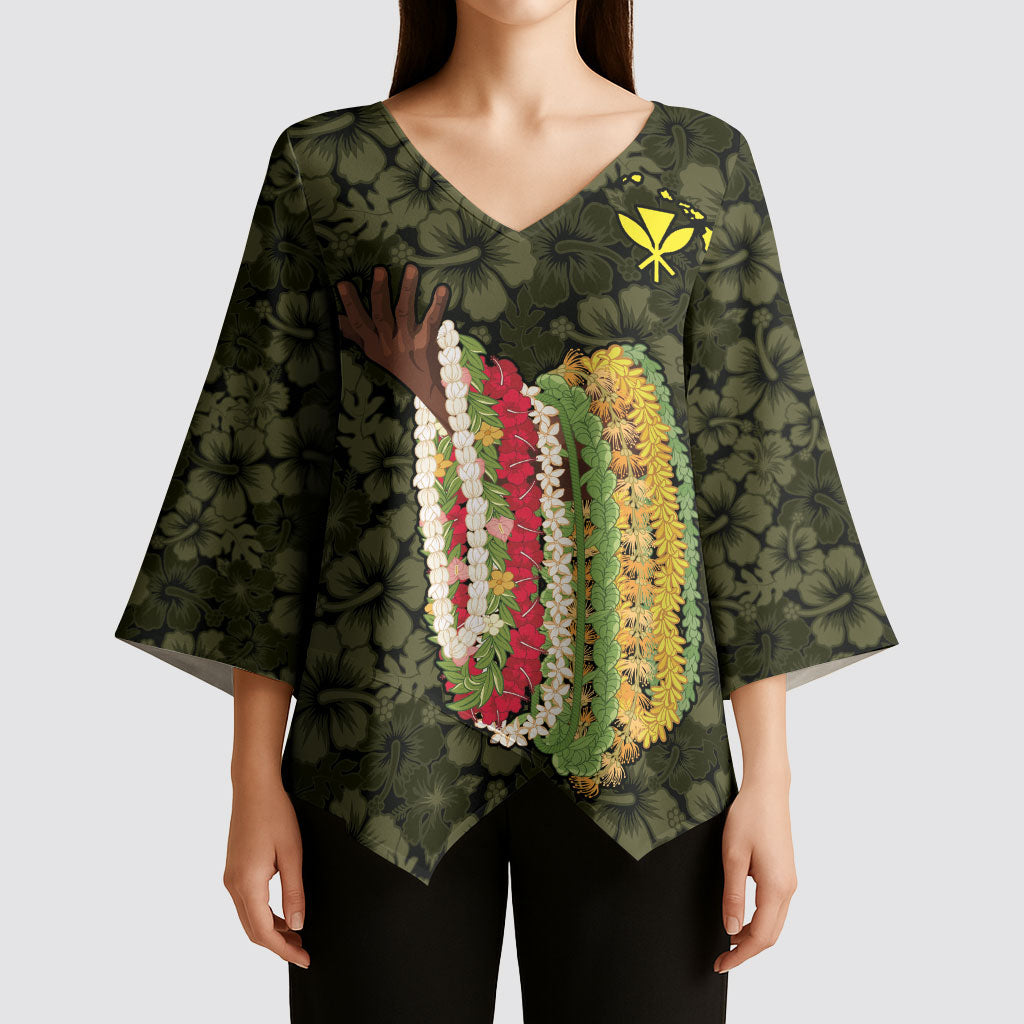 Hawaii Lei Kamehameha Kimono Sleeve Blouse Melemele Seamless Pattern Hibiscus Flower