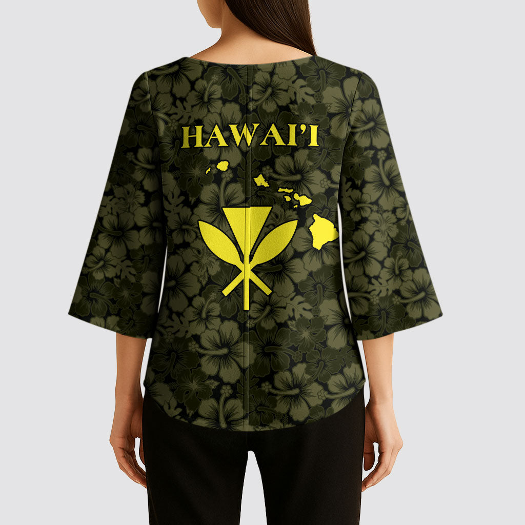 Hawaii Lei Kamehameha Kimono Sleeve Blouse Melemele Seamless Pattern Hibiscus Flower