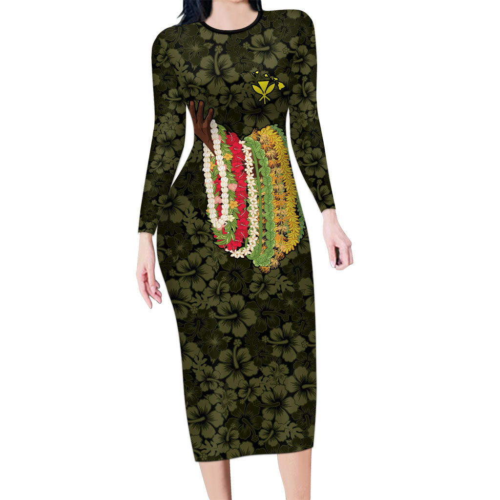 Hawaii Lei Kamehameha Long Sleeve Bodycon Dress Melemele Seamless Pattern Hibiscus Flower LT9 Long Dress Yellow - Polynesian Pride