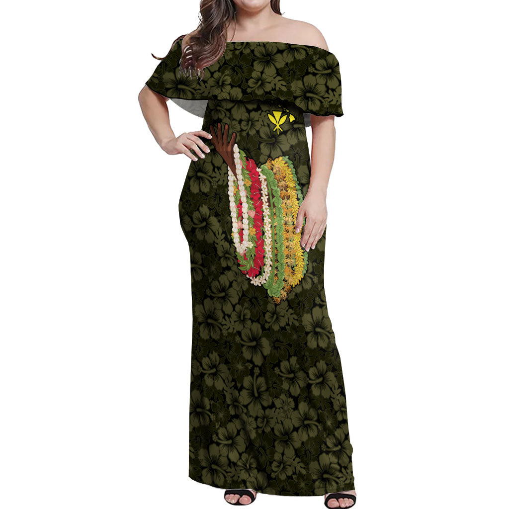 Hawaii Lei Kamehameha Off Shoulder Maxi Dress Melemele Seamless Pattern Hibiscus Flower