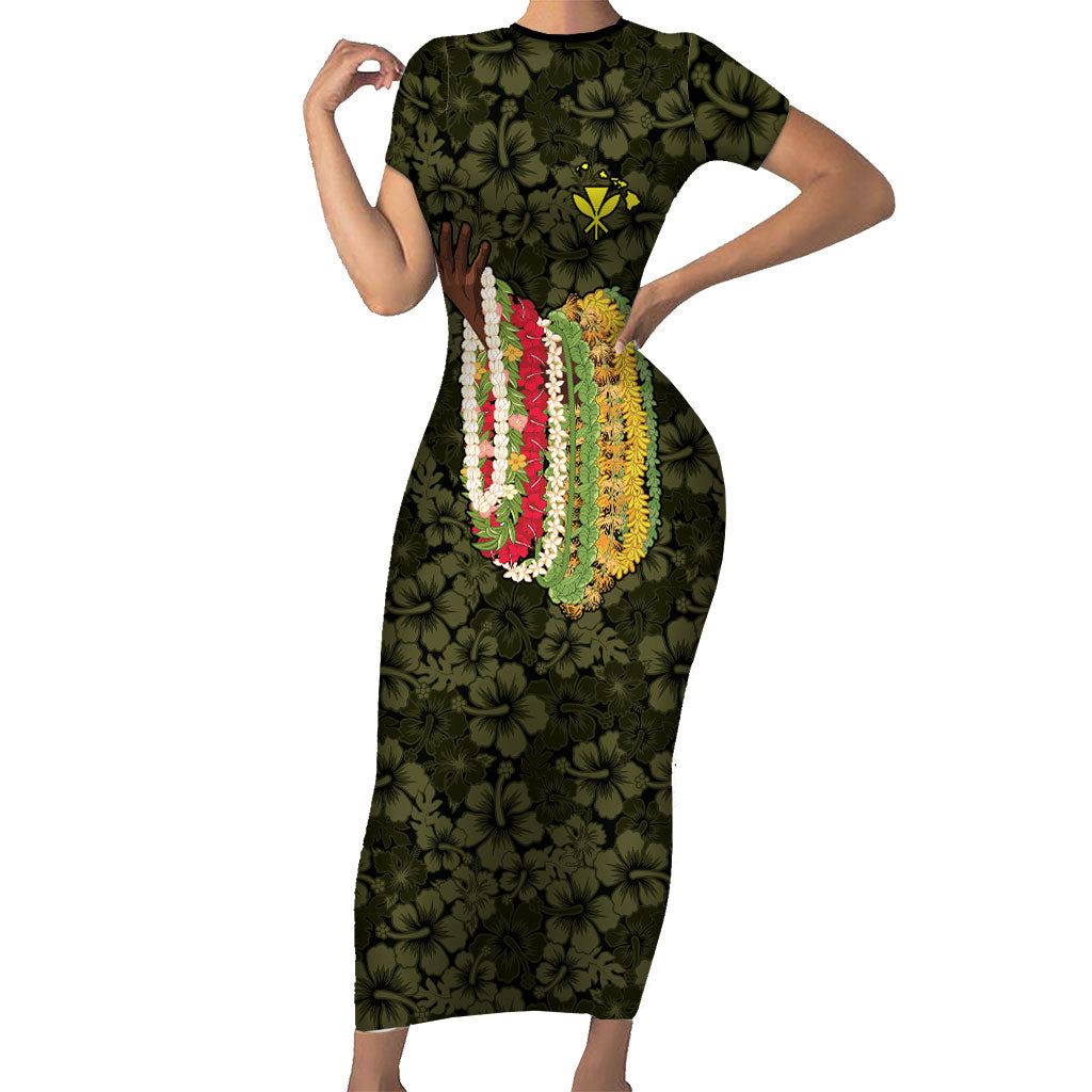 Hawaii Lei Kamehameha Short Sleeve Bodycon Dress Melemele Seamless Pattern Hibiscus Flower LT9 Long Dress Yellow - Polynesian Pride