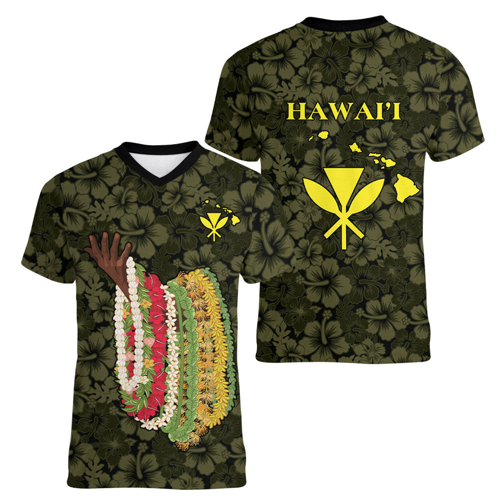 Hawaii Lei Kamehameha Women V-Neck T-Shirt Melemele Seamless Pattern Hibiscus Flower