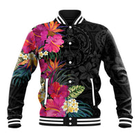 Hafa Adai Guam Baseball Jacket Tropical Flowers Colorful Vibes LT9 Unisex Black - Polynesian Pride