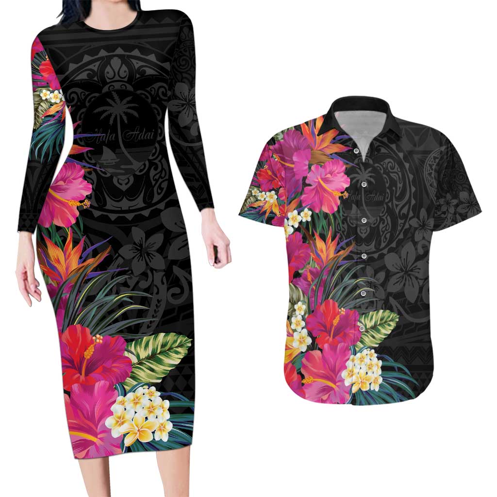 Hafa Adai Guam Couples Matching Long Sleeve Bodycon Dress and Hawaiian Shirt Tropical Flowers Colorful Vibes