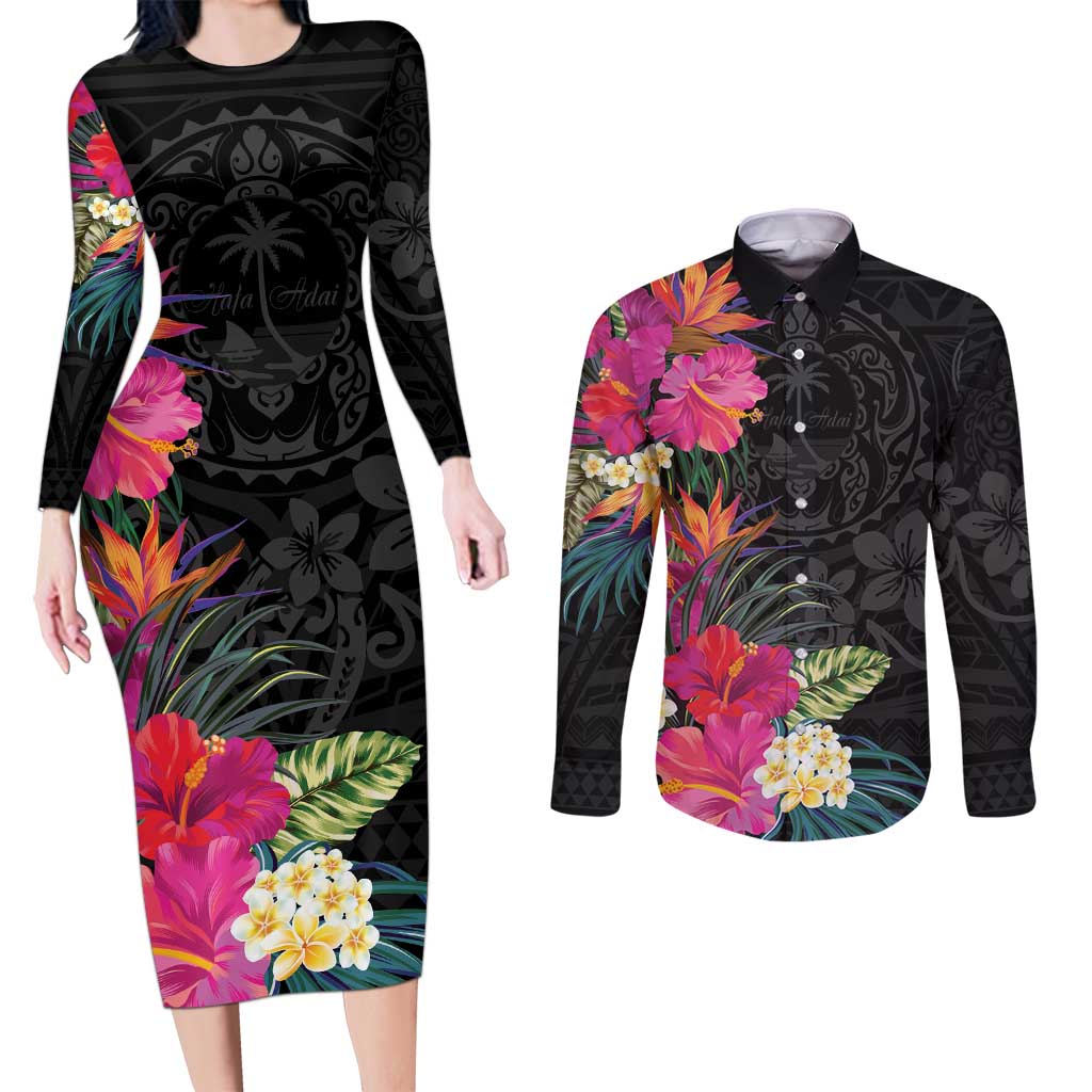 Hafa Adai Guam Couples Matching Long Sleeve Bodycon Dress and Long Sleeve Button Shirt Tropical Flowers Colorful Vibes