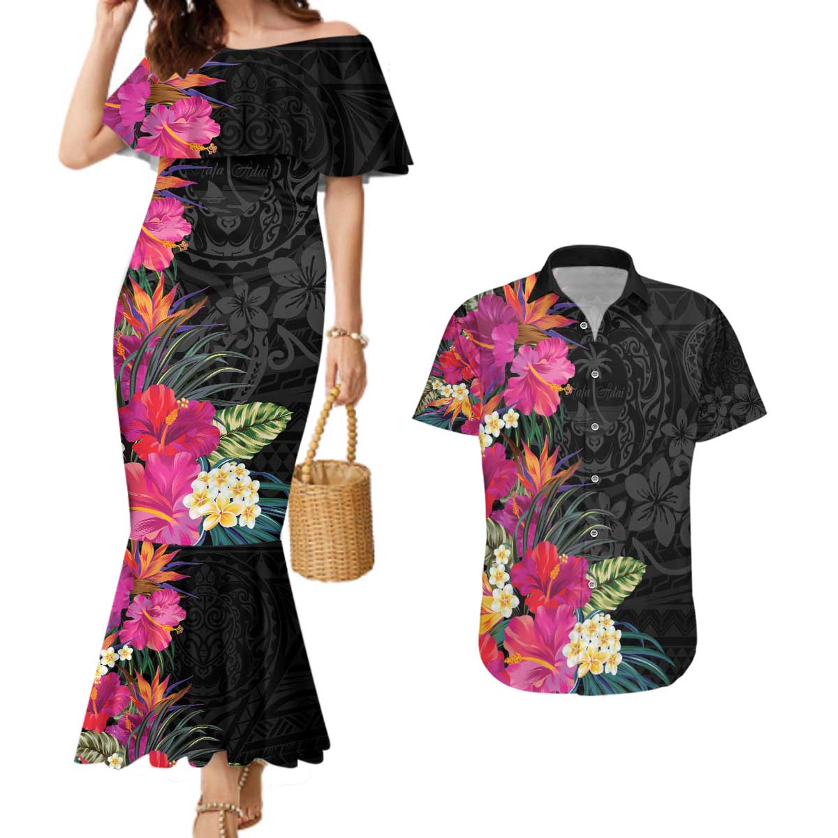 Hafa Adai Guam Couples Matching Mermaid Dress and Hawaiian Shirt Tropical Flowers Colorful Vibes