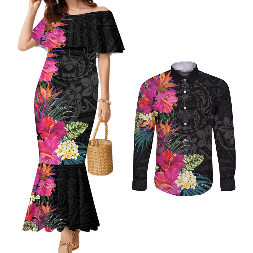 Hafa Adai Guam Couples Matching Mermaid Dress and Long Sleeve Button Shirt Tropical Flowers Colorful Vibes LT9 Black - Polynesian Pride