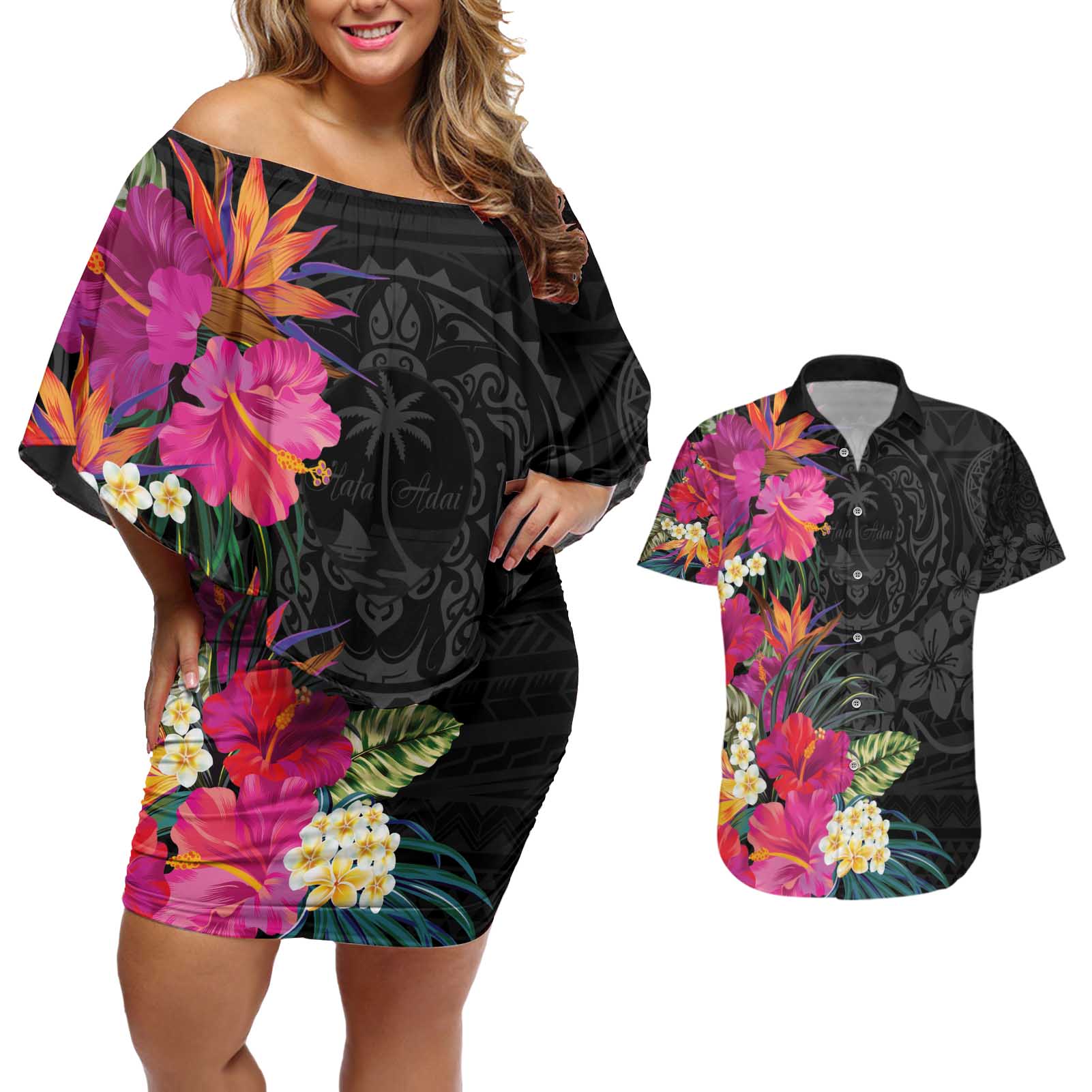 Hafa Adai Guam Couples Matching Off Shoulder Short Dress and Hawaiian Shirt Tropical Flowers Colorful Vibes